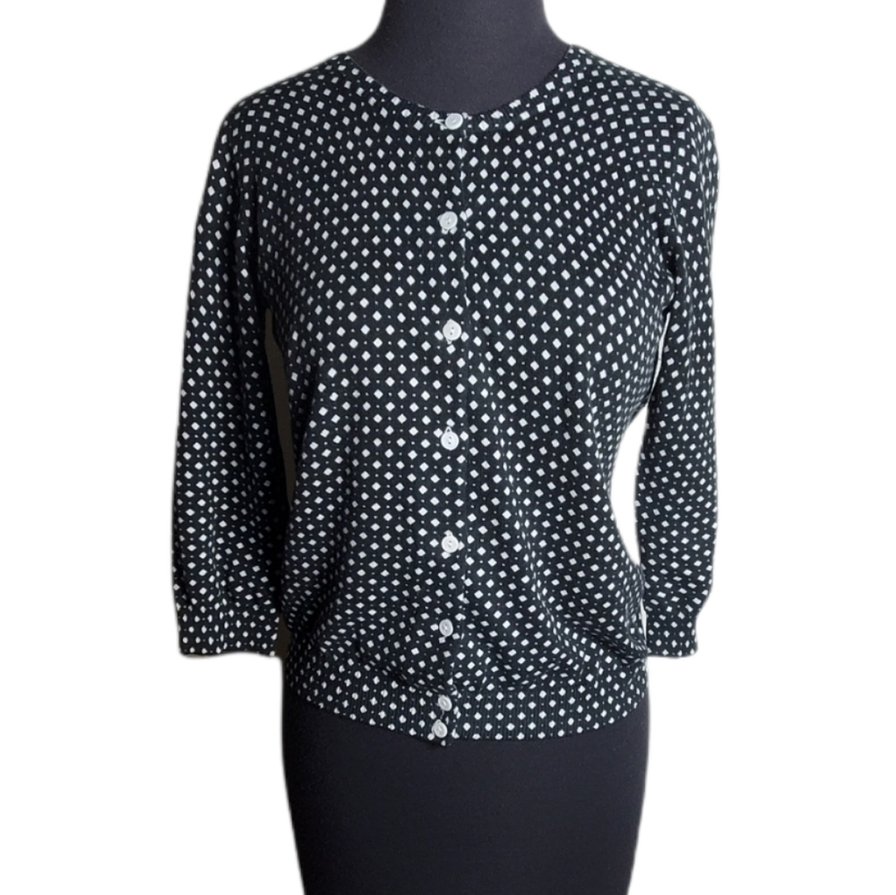 For The Republic black white diamond print cotton cardigan sweater women's small